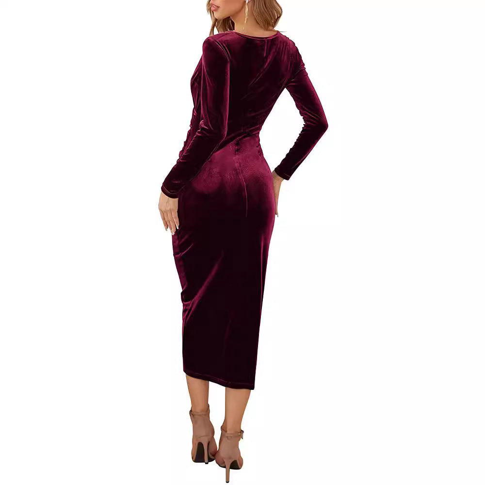 Damen Midikleid aus Samt mit Wickeloptik, Raffung und asymmetrischem Tulpen-Saum Drune