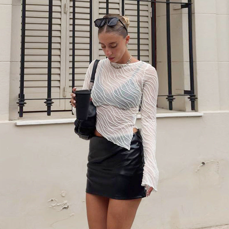 Damen Elegantes Langarm Transparenttop mit strukturiertem Design Drune
