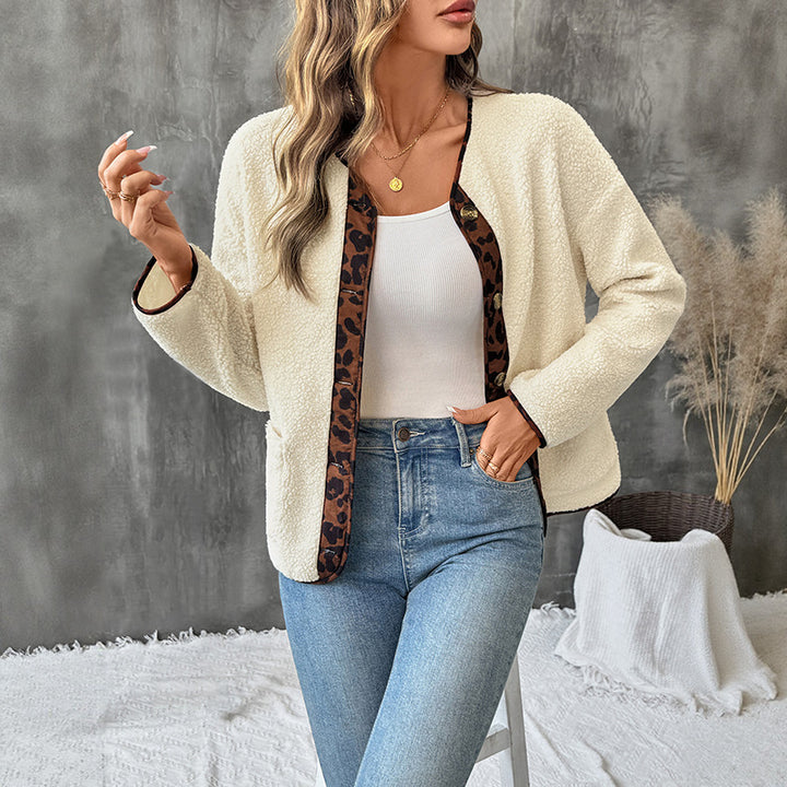 Damen Gemütlicher Teddy-Blazer mit Leopardenmuster Drune