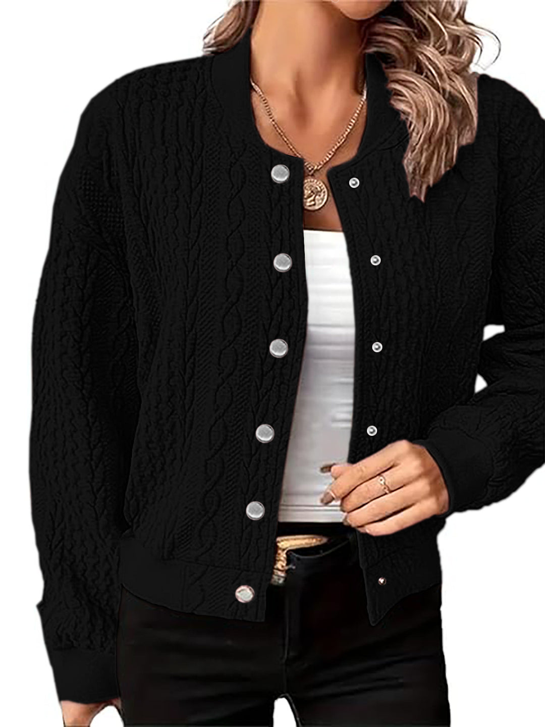 Damen Strickjacke im modernen Zopfmuster mit Druckknopfverschluss Drune