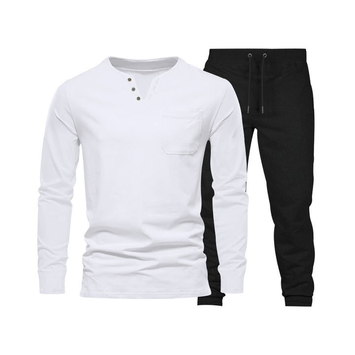 Herren Langarm‑Henley Loungewear‑Set mit Brusttasche und tapered Jogginghose Drune
