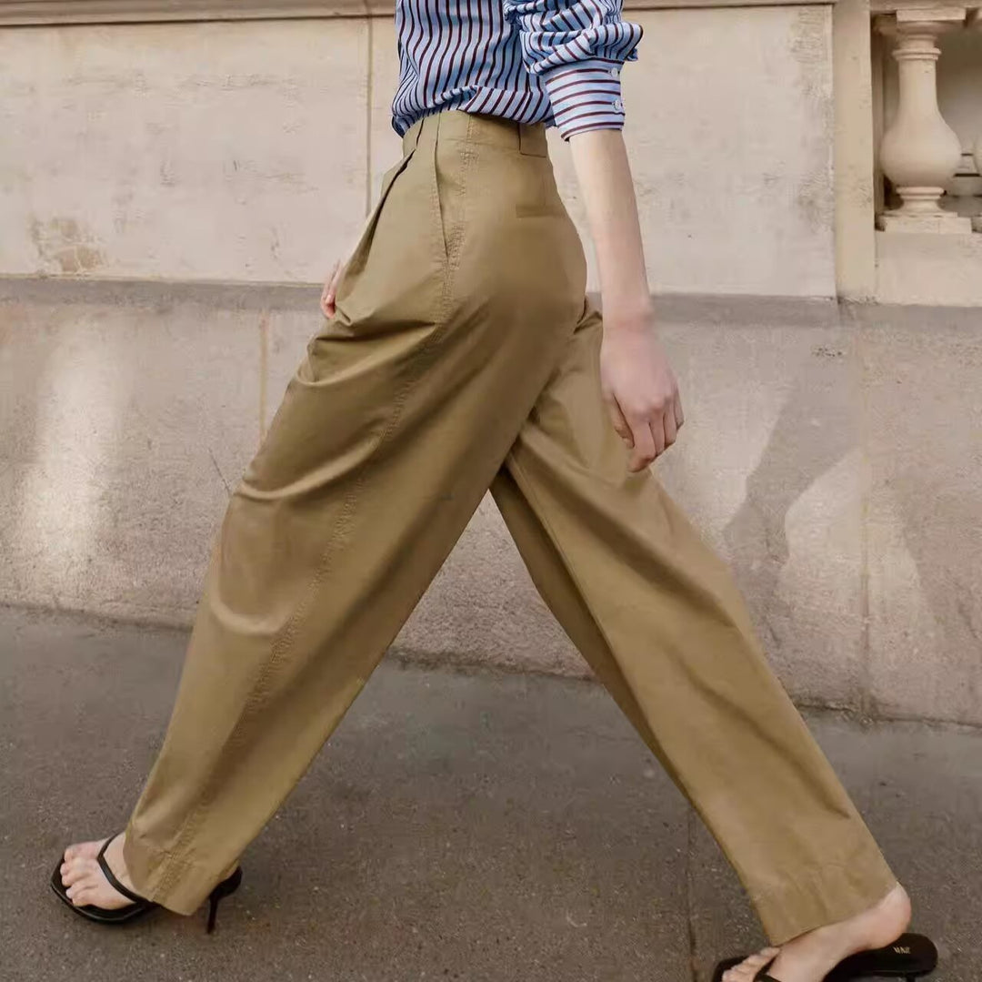 Damen Weite Bundfaltenhose mit hoher Taille und geradem Bein Drune