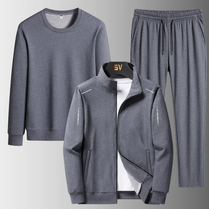 Herren Dreiteiliges Freizeit-Trainingsset aus French-Terry mit Kapuzenjacke, Rundhals-Sweat & tapered Jogginghose Drune