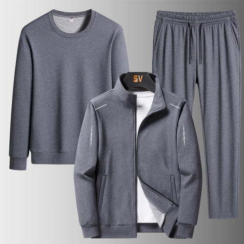 Herren Dreiteiliges Freizeit-Trainingsset aus French-Terry mit Kapuzenjacke, Rundhals-Sweat & tapered Jogginghose Drune