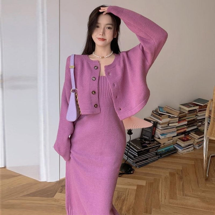 Damen Strickensemble mit taillierter Jacke und figurbetontem Kleid Drune