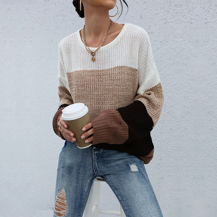 Damen Lässiger Farbblock-Strickpullover mit offener Maschenstruktur und Rundhalsausschnitt Drune