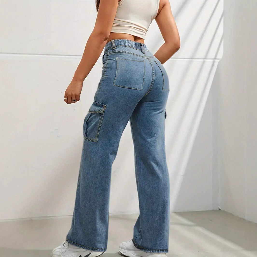 Damen hochtaillierte weite Cargo-Jeans mit aufgesetzten Taschen und geradem Bein Drune