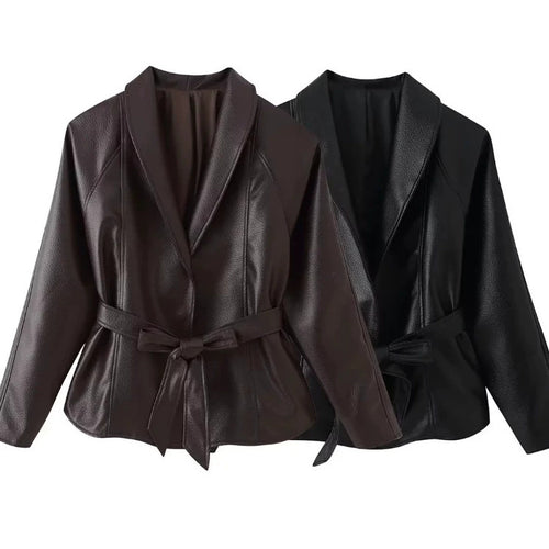 Damen Taillierte Blazerjacke aus Lederimitat mit Schalkragen und Bindegürtel Drune