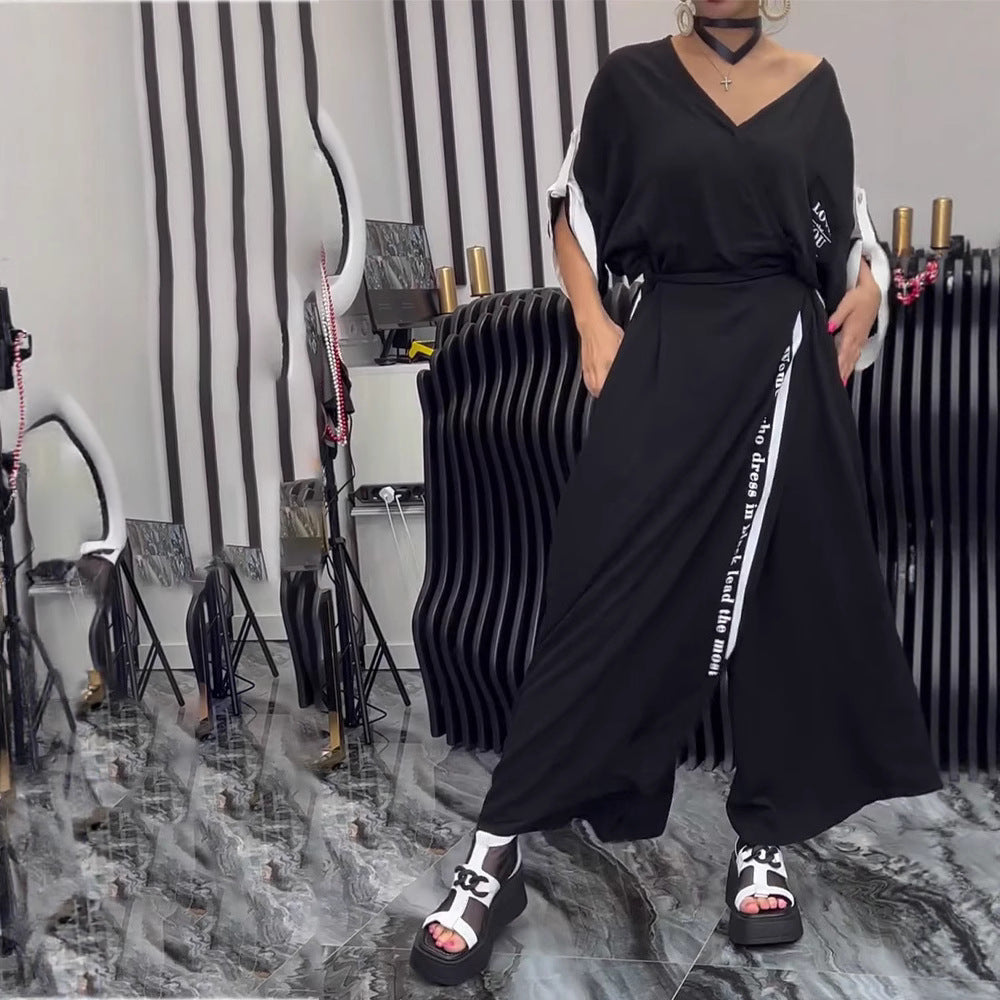 Damen nan sportlich-elegantes Maxikleid mit V-Ausschnitt, Taillengürtel, Kontrastseitenband und Brusttasche Drune