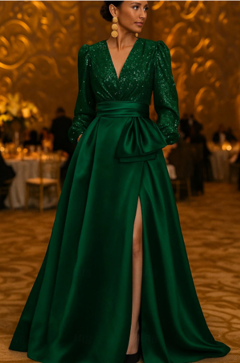 Damen Elegantes Abendkleid mit schimmerndem Oberteil, tiefem V-Ausschnitt und seitlichem Schlitz Drune