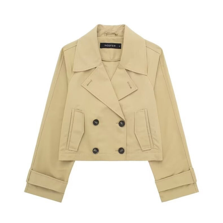 Damen nan kurze zweireihige Cropped Trenchjacke mit breitem Revers und verstellbaren Ärmelschnallen Drune