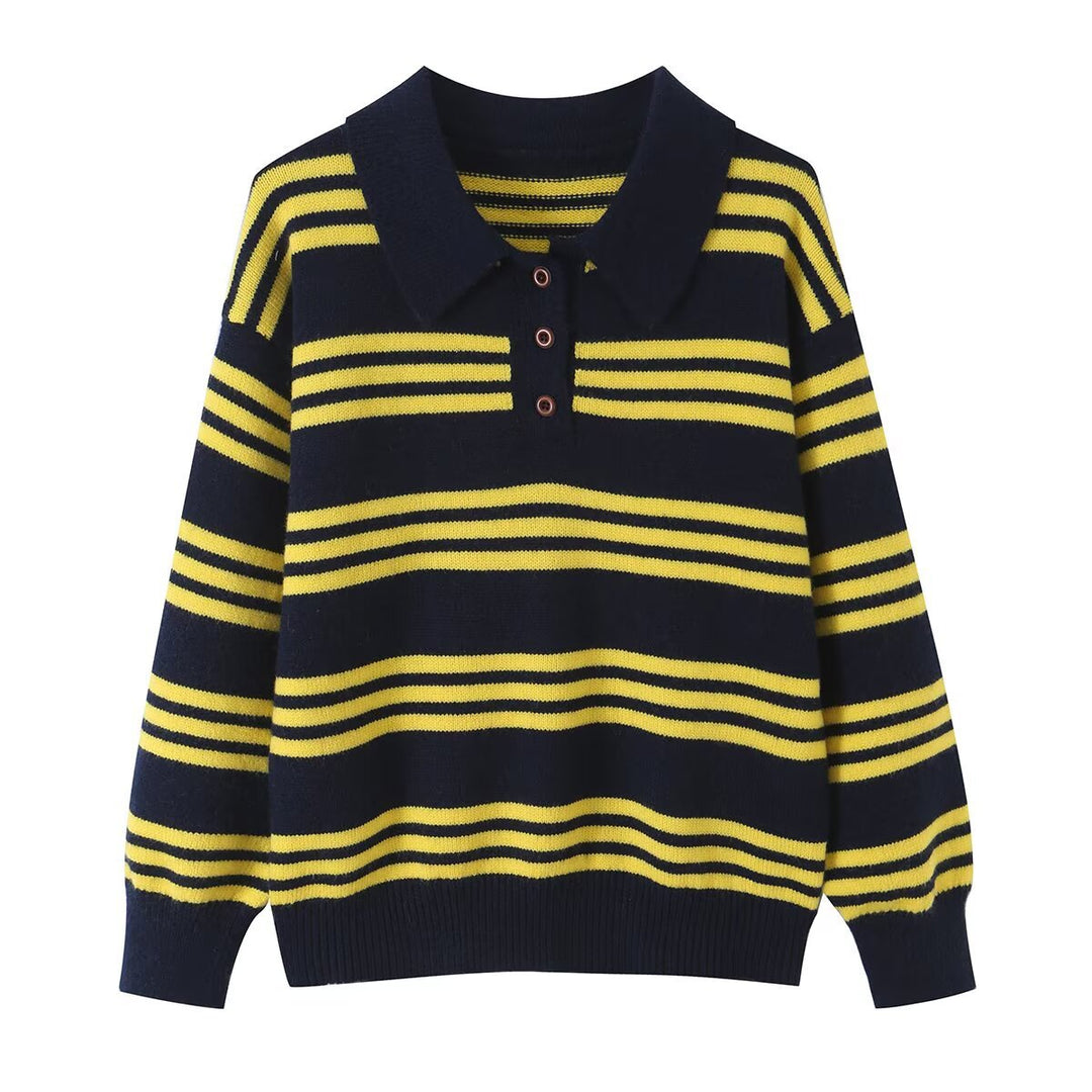 Damen Gestreifter Strickpolopullover mit kurzer Knopfleiste und Rippbündchen Drune