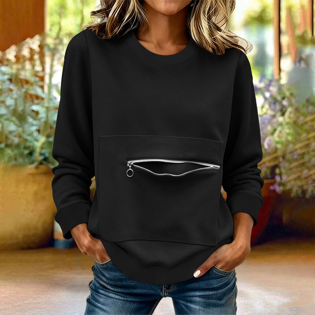 Damen nan locker geschnittenes Sweatshirt mit Frontreißverschlusstasche und Rundhalsausschnitt Drune