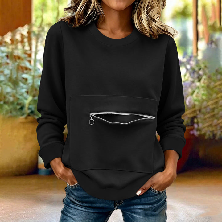 Damen nan locker geschnittenes Sweatshirt mit Frontreißverschlusstasche und Rundhalsausschnitt Drune