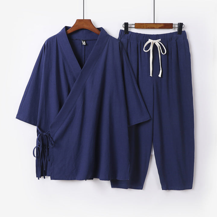Herren Kimono-Loungewear-Set mit Wickeloberteil, Kordelbundhose und lockerer Passform Drune