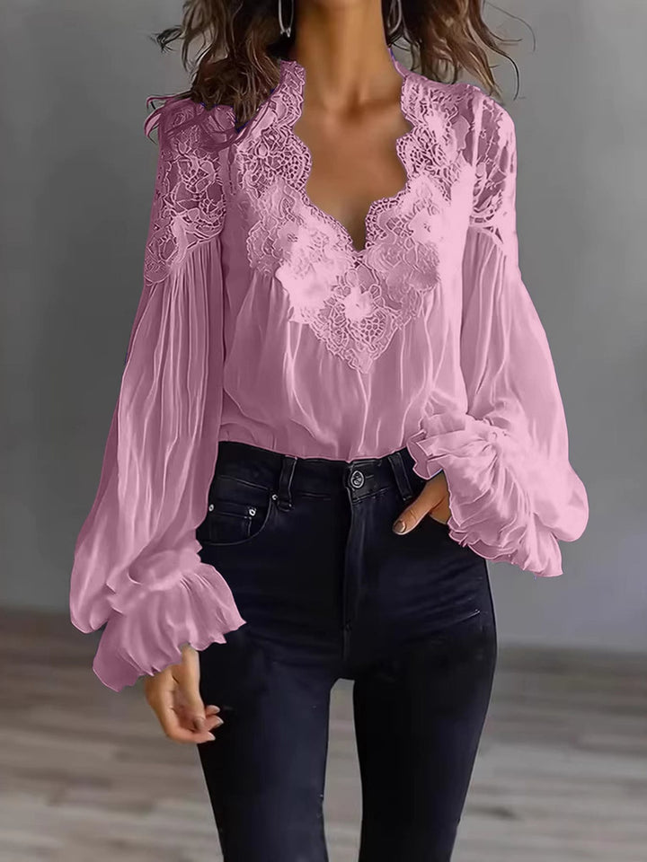 Damen Chiffon-Bluse mit Spitzen-V-Ausschnitt und weiten Plissee-Ärmeln Drune