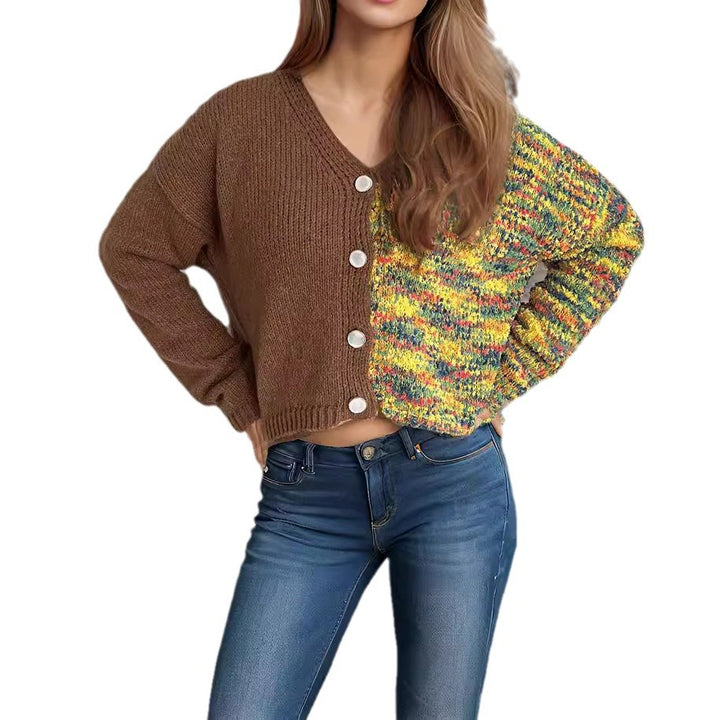 Damen modische Strickjacke mit langen Puffärmeln und buntem Akzent Drune