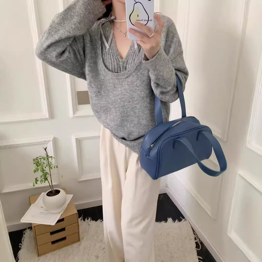 Damen lässiger V-Ausschnitt Pullover mit feinem Rippmuster Drune