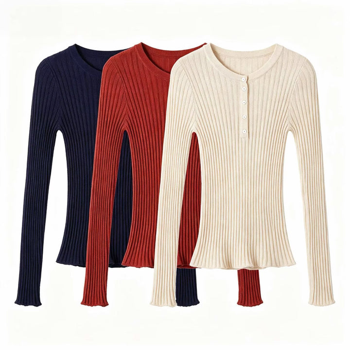Damen Feinstrick-Longsleeve mit Rippstruktur und Knopfleiste Drune