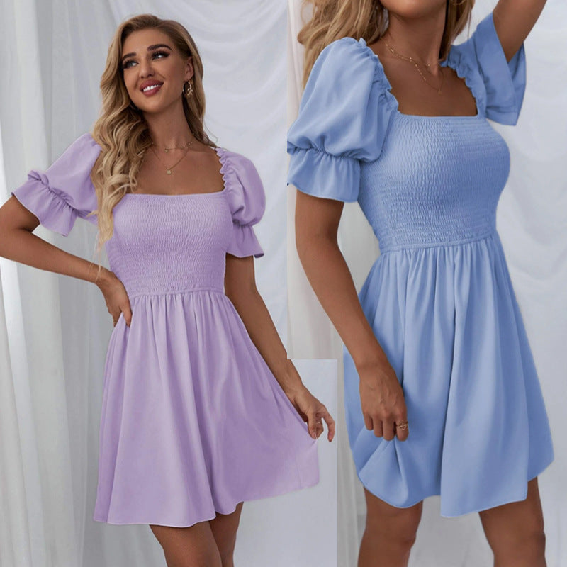 Damen kurzes Kleid mit Puffärmeln und gerafftem Oberteil Drune