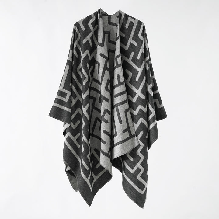 Damen Wendejacquard-Ruana mit grafischem Muster und asymmetrischem Saum Drune