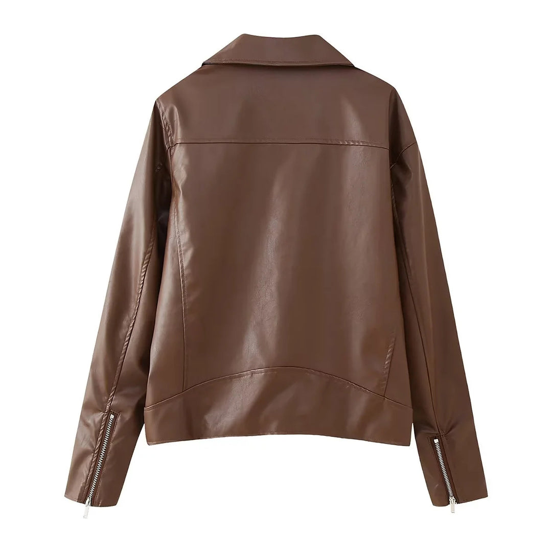 Damen nan taillierte Kunstleder-Bikerjacke mit asymmetrischem Reißverschluss, breitem Revers und Zier-Tasche Drune