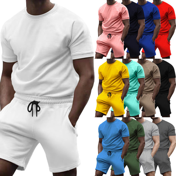 Herren nan kurzärmeliges Sweat-Set aus weichem Sweatstoff mit Rundhalsshirt und Kordelzug-Shorts Drune