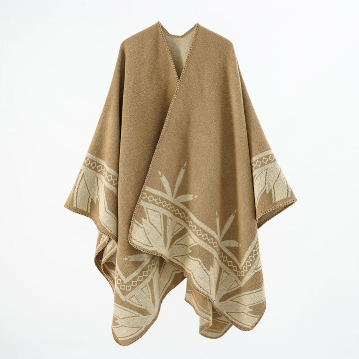 Damen Grobgewebter Umhangponcho aus Wollmix mit V-Ausschnitt und Ornamentjacquard Drune