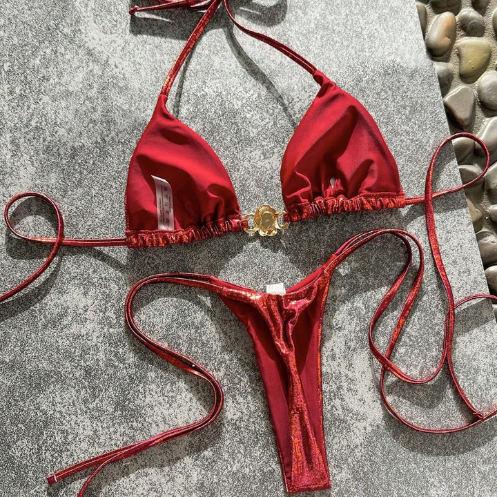 Damen Glänzender Triangel-Bikini mit Schmuckdetail Drune