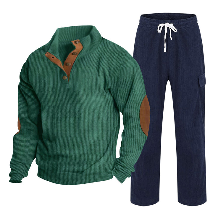 Herren Gemütliches Freizeit-Set aus Waffelstrick-Henley mit Ellenbogenpatch und Relax-Cargo-Hose Drune
