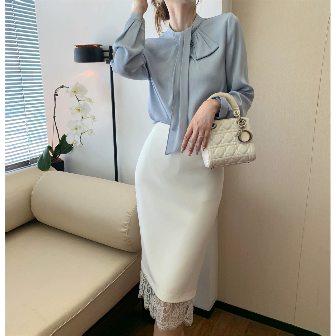 Damen Elegante und figurbetonte Bluse mit Schleifendetail Drune