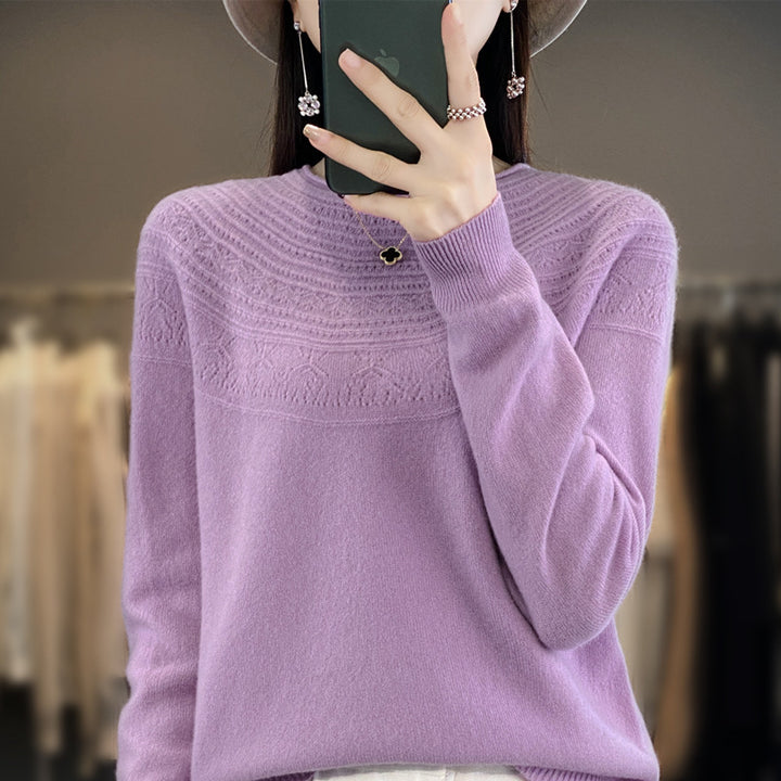 Damen Rundhals-Feinstrickpullover mit strukturierter Passe und Kaschmir-Optik Drune