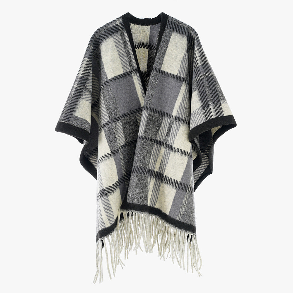 Damen Oversize-Wollmix-Poncho mit Karomuster und Fransensaum Drune
