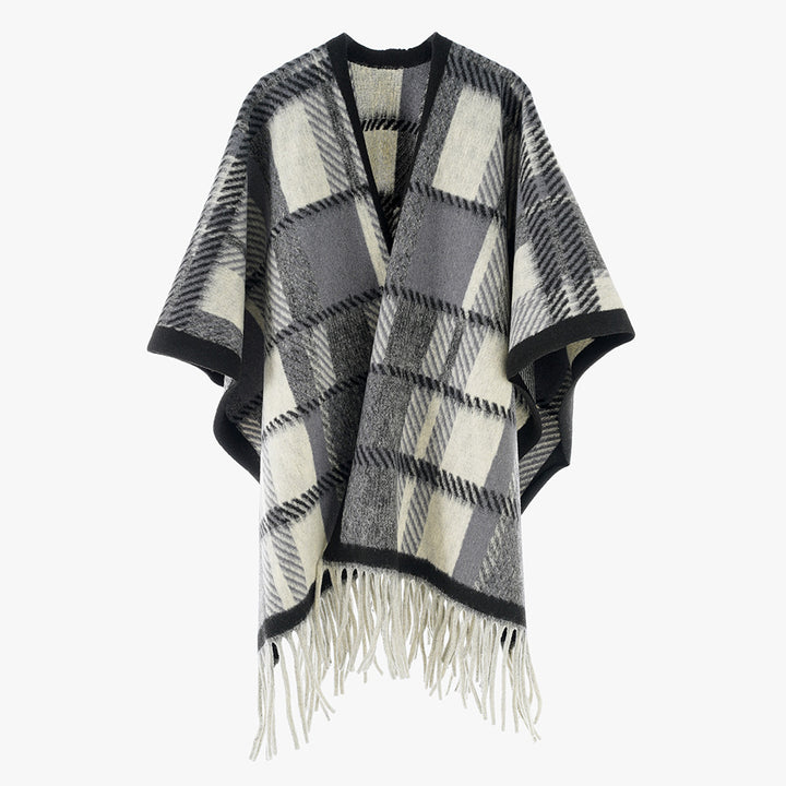 Damen Oversize-Wollmix-Poncho mit Karomuster und Fransensaum Drune