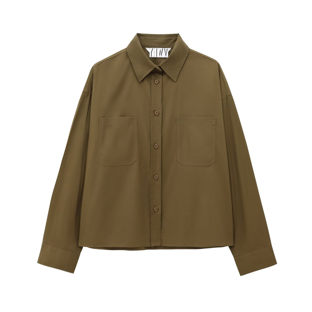 Damen Boxy-Cropped-Hemdjacke mit aufgesetzten Brusttaschen Drune