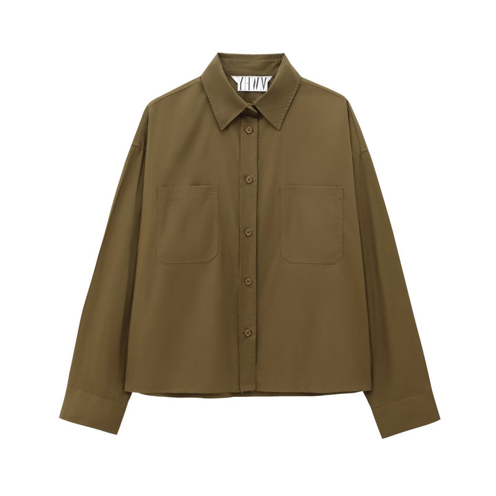 Damen Boxy-Cropped-Hemdjacke mit aufgesetzten Brusttaschen Drune