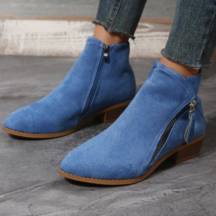 Damen nan klassische knöchelhohe Microvelours-Stiefelette mit seitlichem Reißverschluss und niedrigem Blockabsatz Drune