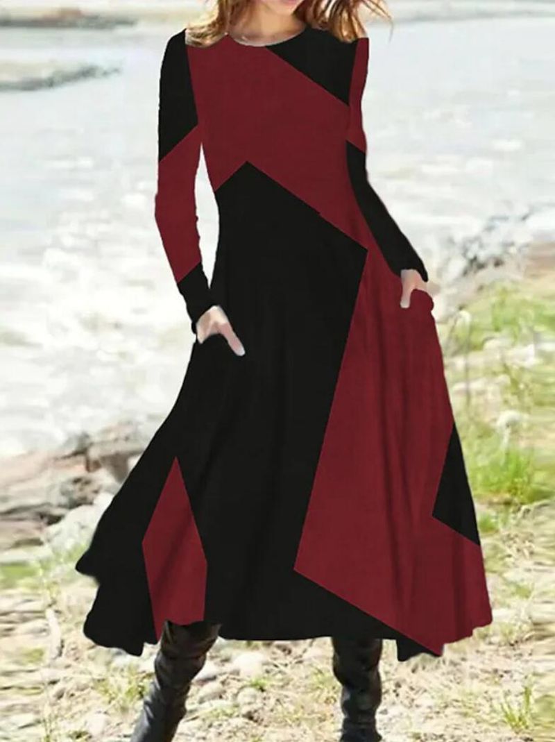 Damen nan geometrisches Maxikleid mit langen Ärmeln, A-Linien-Schnitt und seitlichen Eingrifftaschen Drune