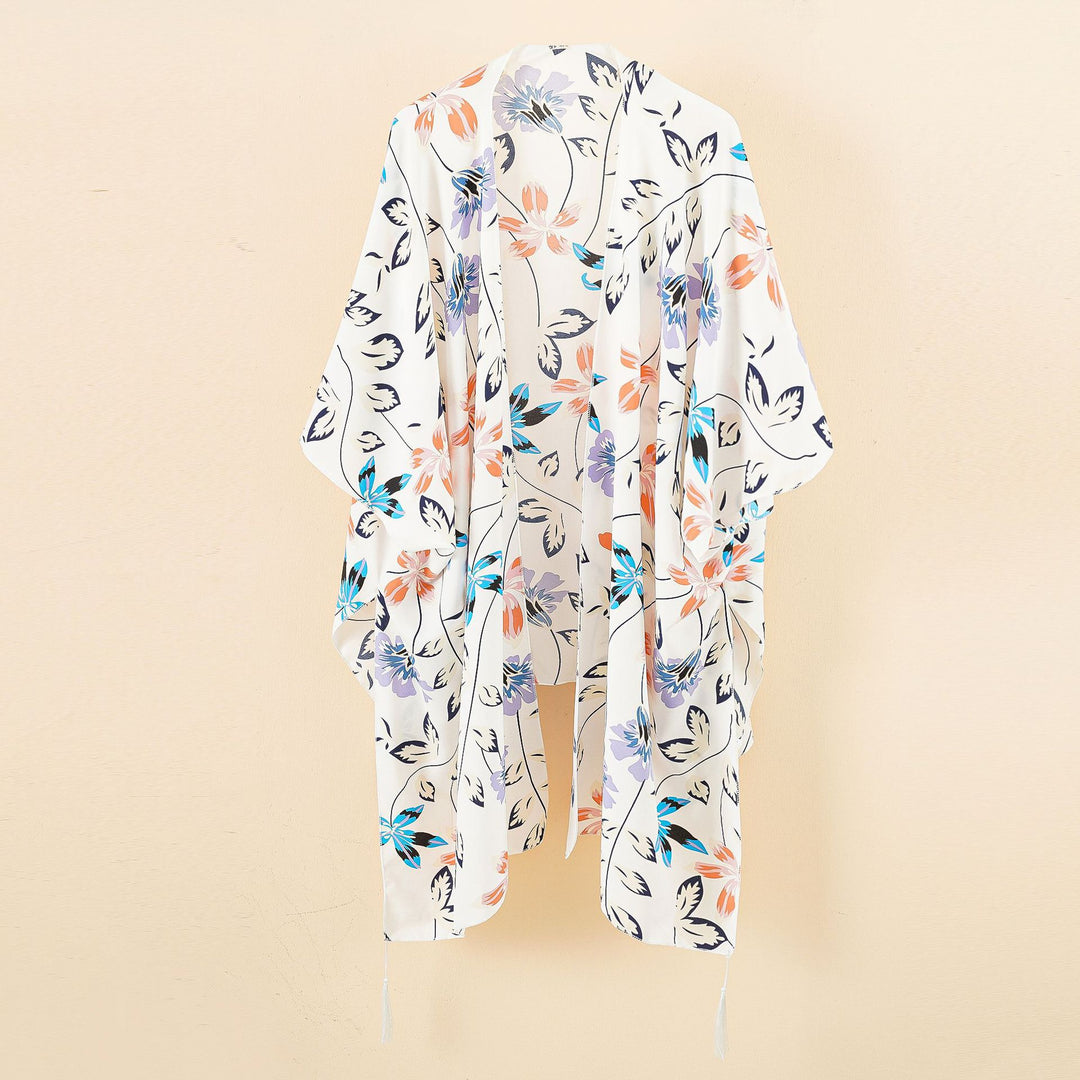 Damen Chiffon-Kimono mit floralem Design und fransigen Kanten Drune