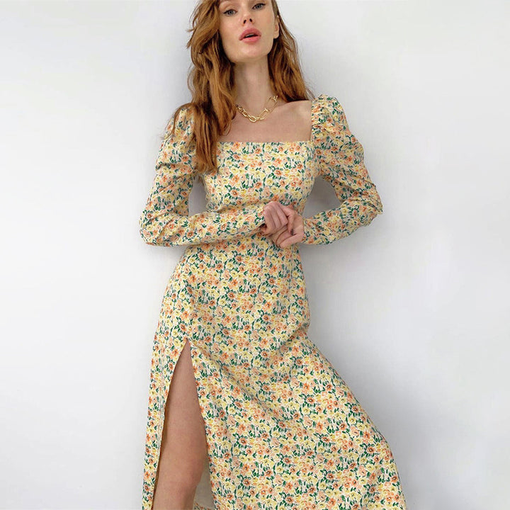 Damen Midikleid mit quadratischem Ausschnitt, tailliertem Bustier-Oberteil, Puffschulter und hohem Beinschlitz Drune