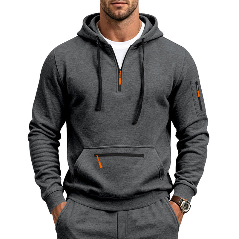 Herren Kapuzen-Sweatshirt mit Half-Zip, Kängurutasche und Reißverschlusstaschen Drune
