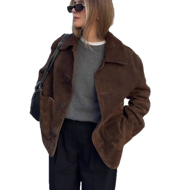 Damen Oversized Teddyjacke mit Knopfverschluss und großen Taschen Drune