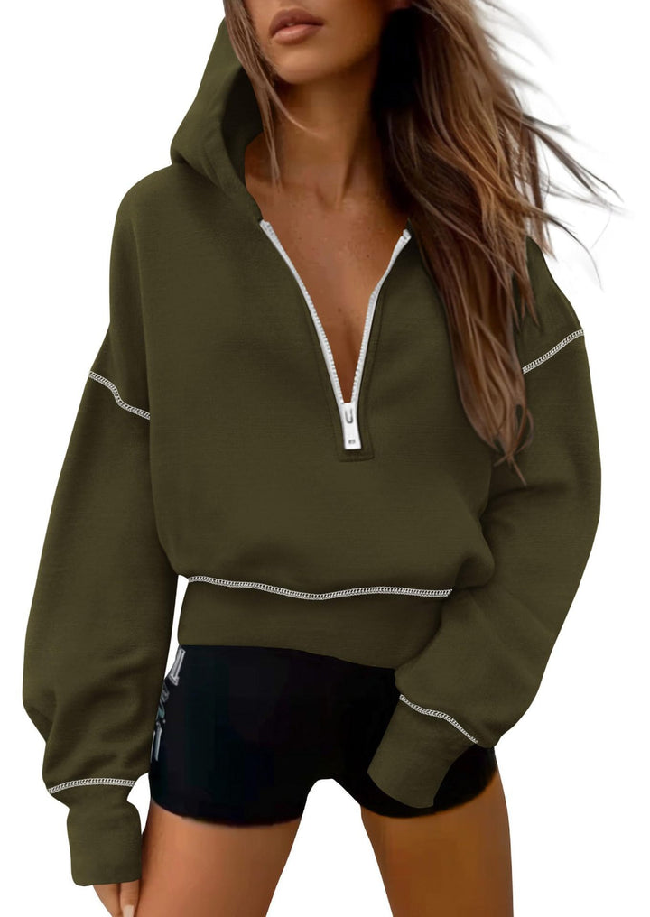 Damen nan cropped Kapuzenpullover mit halbem Reißverschluss und voluminösen Ballonärmeln Drune