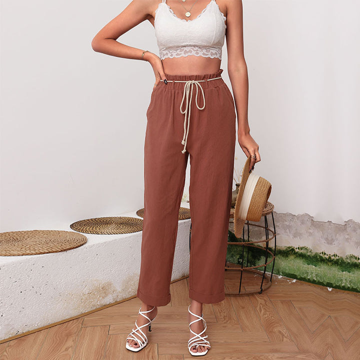 Damen Leichte Leinenhose mit Gummibund, Kordelzug und umgeschlagenem Saum Drune