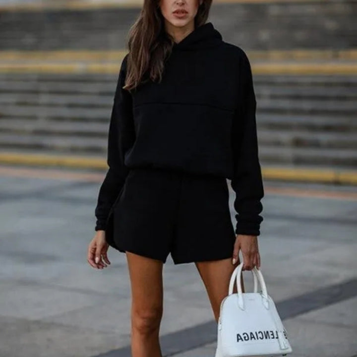 Damen lässiger Hoodie und Shorts-Anzug mit elastischem Bund und modernem Schnitt Drune