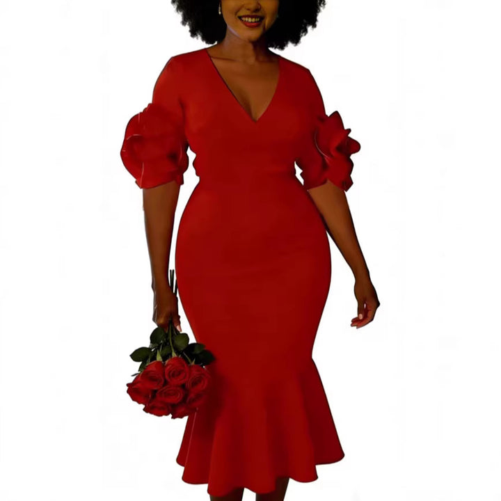 Damen figurbetontes Kleid mit Volantärmeln und Spitzen-Akzenten Drune