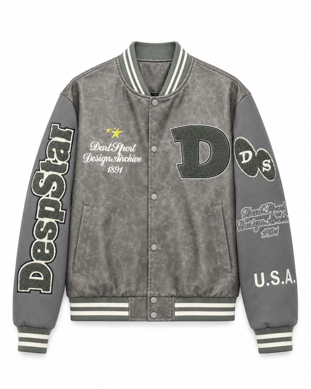 Herren Varsity-Bomberjacke im College-Stil aus Lederimitat mit Applikationen Drune