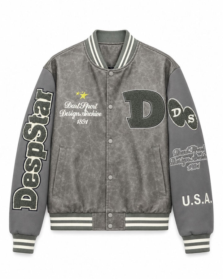 Herren Varsity-Bomberjacke im College-Stil aus Lederimitat mit Applikationen Drune