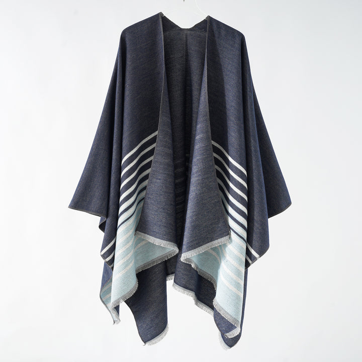 Damen Oversize-Ruana‑Überwurf aus Kaschmir‑Touch Wollmix mit Fransensaum und Streifendetail Drune