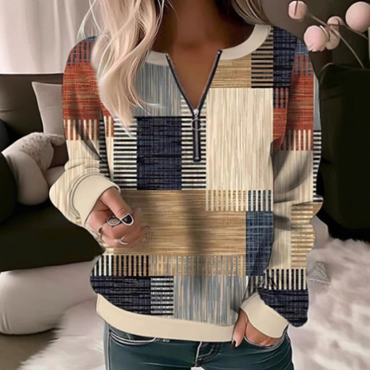 Damen nan gemütlicher Pullover mit kurzem Reißverschluss, grafischem Patchworkmuster, verlängerten Ärmelbündchen und geripptem Saum Drune